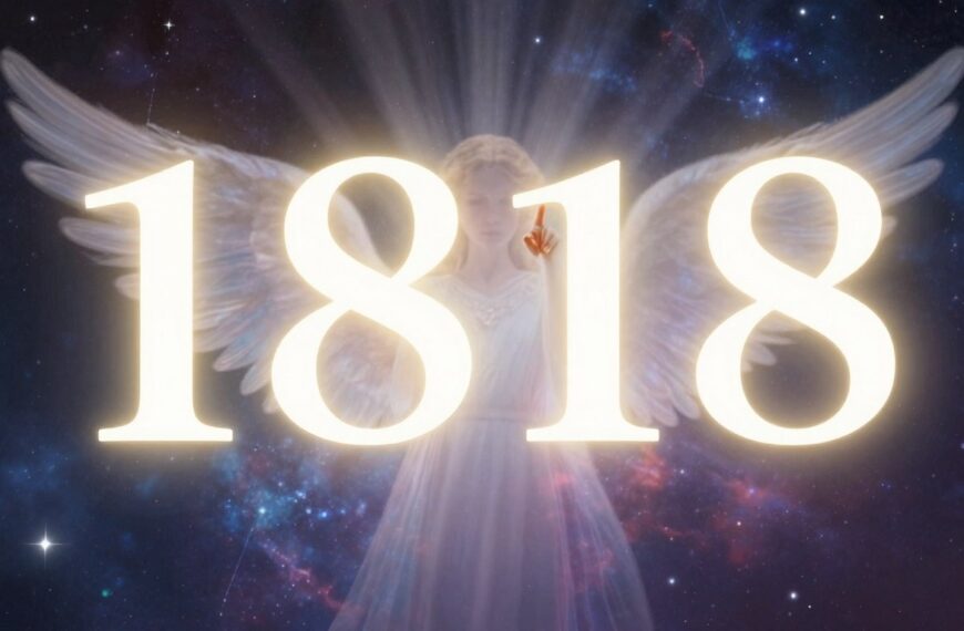 Anioł stróż wskazujący na cyfrę 1818 świecącą jasnym światłem, symbolizujący anielskie przesłanie