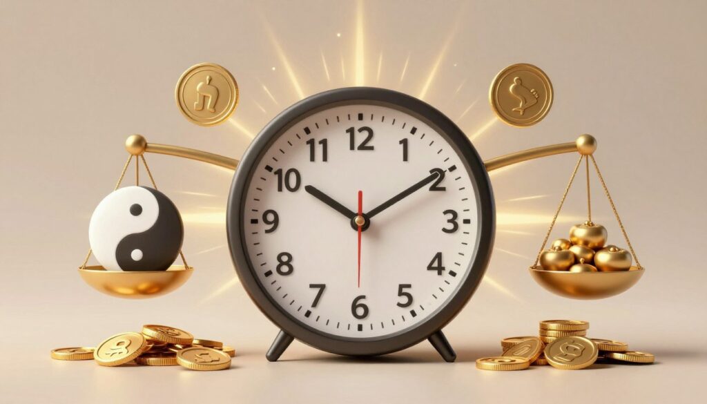 Cyfrowy zegar pokazujący lustrzaną godzinę 18:18 otoczony symbolami równowagi i obfitości Cyfrowy zegar pokazujący lustrzaną godzinę 18:18 otoczony symbolami równowagi i obfitości