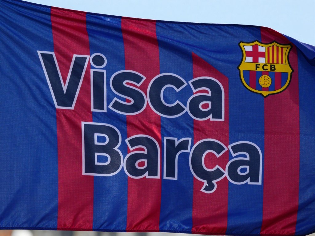 Flaga z napisem 'Visca Barca' w kolorach klubowych FC Barcelona