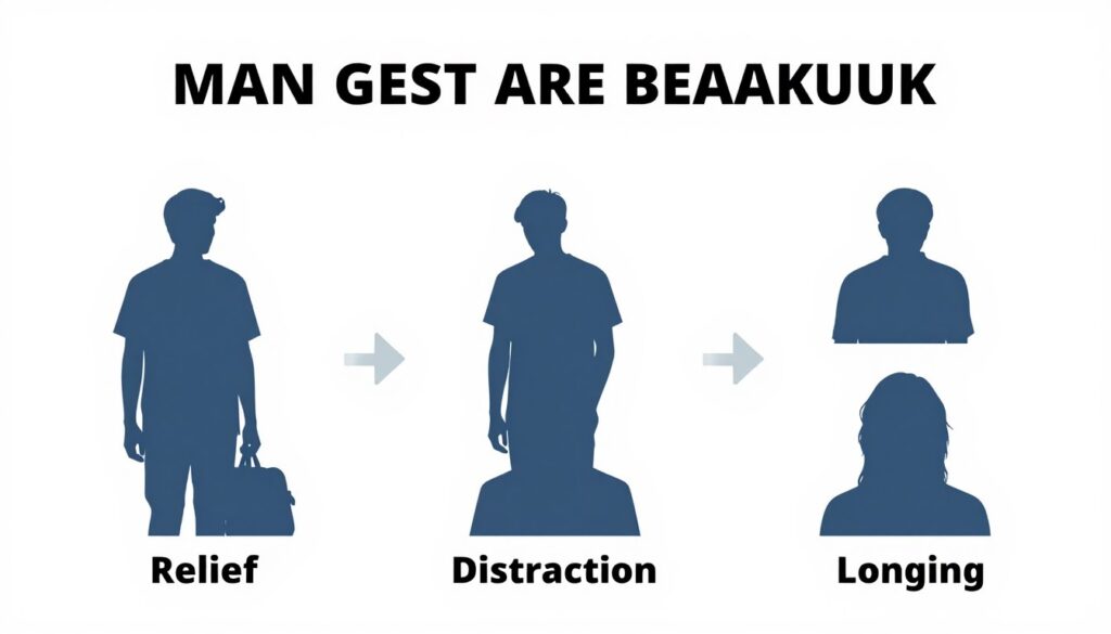 Grafika przedstawiająca fazy emocjonalne mężczyzny po rozstaniu, ilustrująca strategię zniknij facetowi