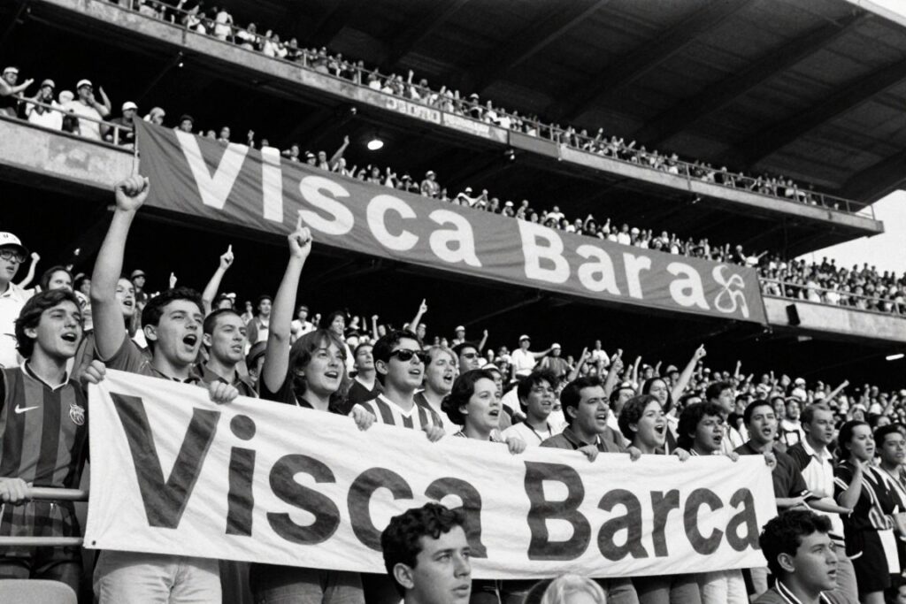 Historyczne zdjęcie stadionu FC Barcelona z kibicami skandującymi 'Visca Barca'