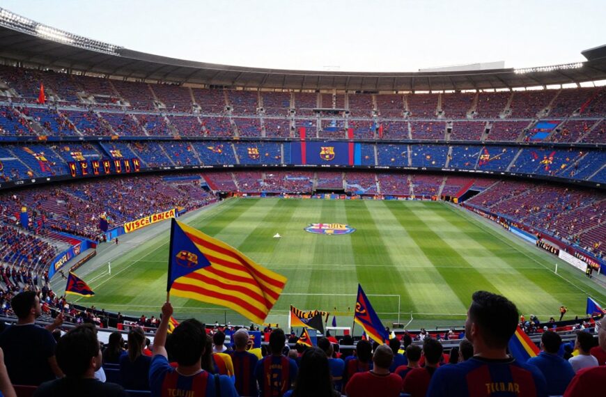 Kibice FC Barcelona skandujący 'Visca Barca' na stadionie Camp Nou z flagami katalońskimi