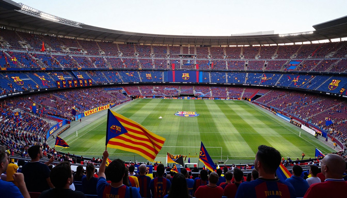 Kibice FC Barcelona skandujący 'Visca Barca' na stadionie Camp Nou z flagami katalońskimi