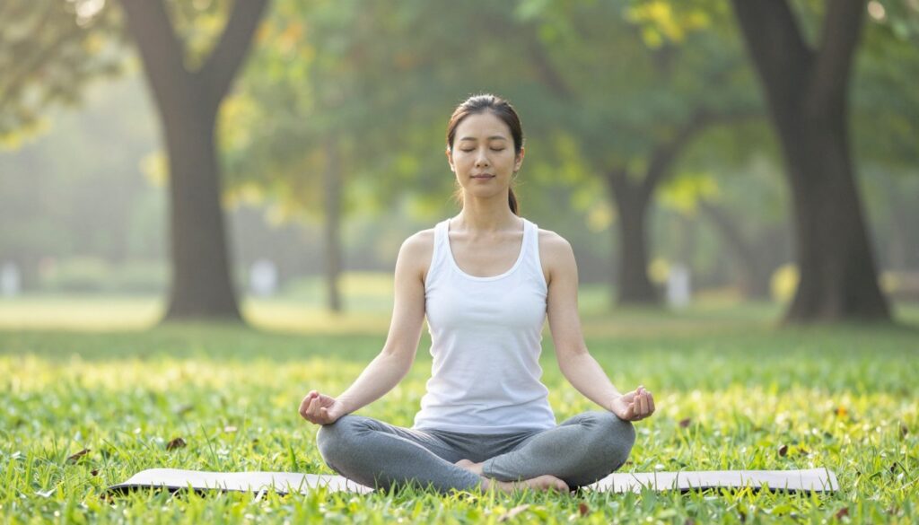 Kobieta medytująca w parku, symbolizująca proces odkochiwania się i ruszania dalej po strategii zniknij facetowi
