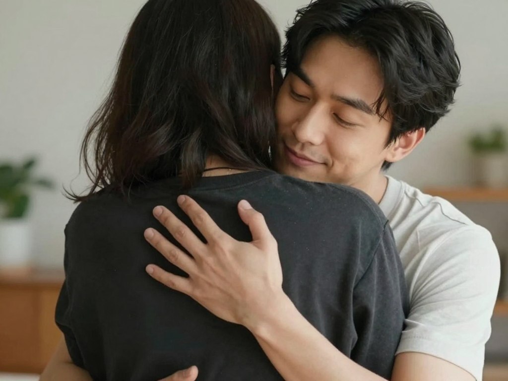 Kobieta odwzajemniająca uścisk zakochanego mężczyzny, pokazująca jak reagować na przytulenie Kobieta odwzajemniająca uścisk zakochanego mężczyzny, pokazująca jak reagować na przytulenie