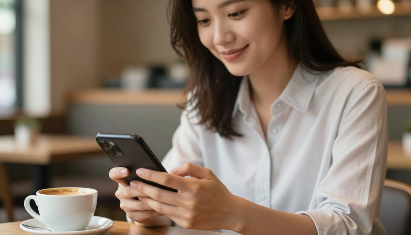 Kobieta pisząca wiadomość na telefonie z uśmiechem na twarzy, co napisać facetowi, żeby oszalał