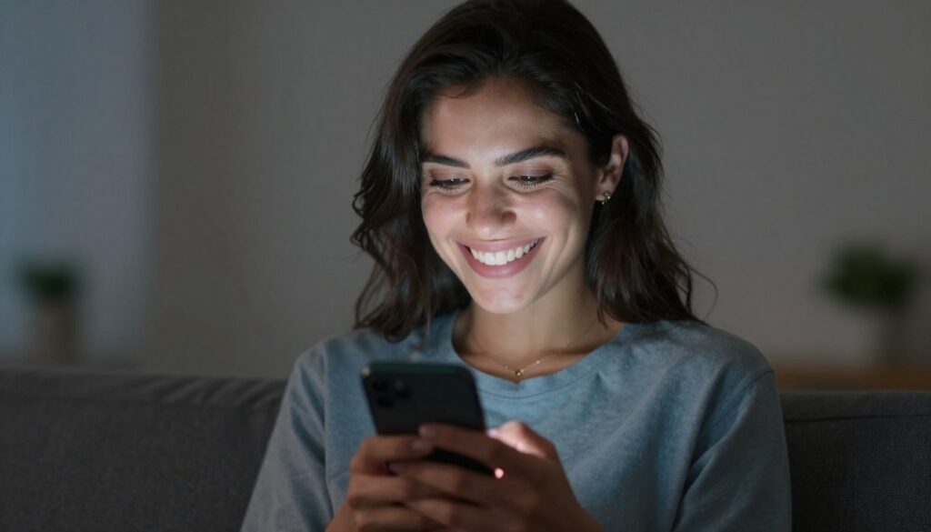Kobieta z tajemniczym uśmiechem pisząca wiadomość, co napisać facetowi, żeby oszalał