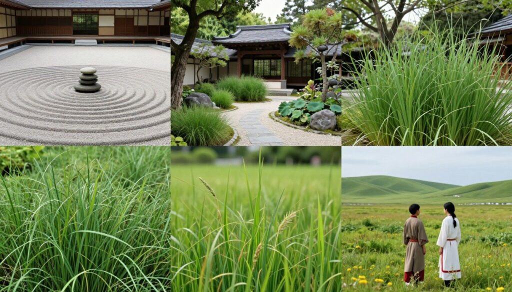 Kolaż przedstawiający trawę w różnych kulturach i tradycjach