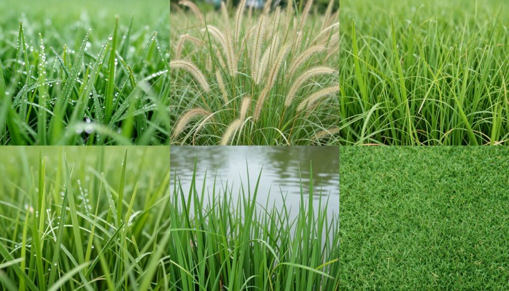 Kolaż różnych obrazów trawy w różnych kontekstach symbolizujący różnorodność interpretacji snów