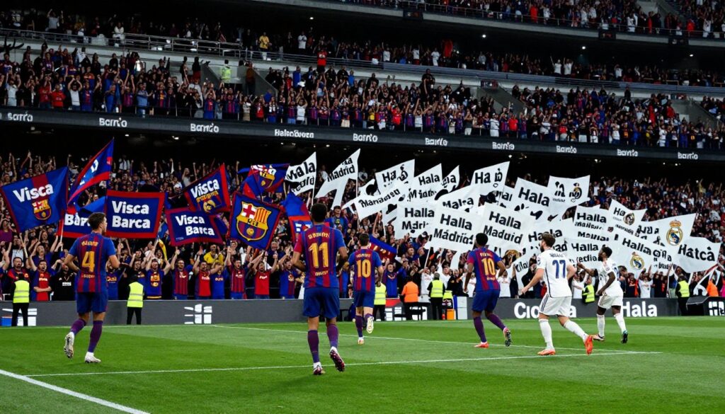 Mecz El Clásico między FC Barcelona a Real Madryt z flagami 'Visca Barca' i 'Hala Madrid'