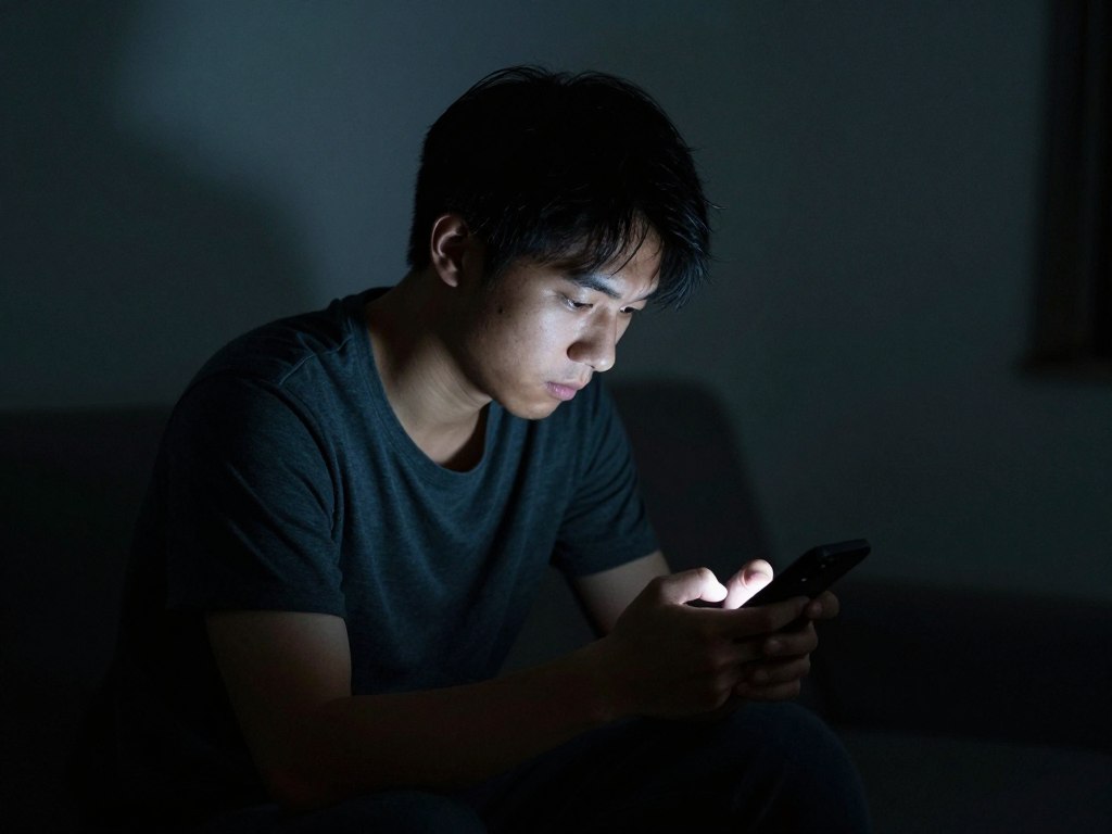 Mężczyzna patrzący na telefon z wyrazem tęsknoty, ilustrujący efekt zasady zniknij facetowi