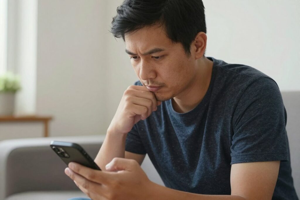 Mężczyzna przeglądający galerię zdjęć na telefonie, kiedy facet wysyła swoje zdjęcia