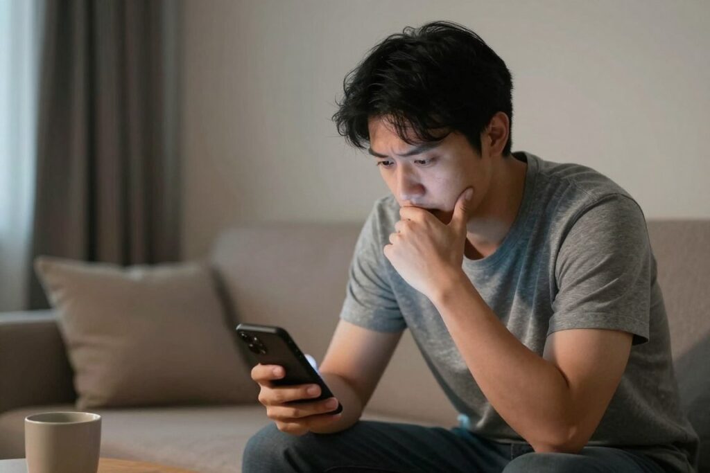 Mężczyzna sprawdzający media społecznościowe byłej partnerki, ilustrujący oznaki tęsknoty po strategii zniknij facetowi