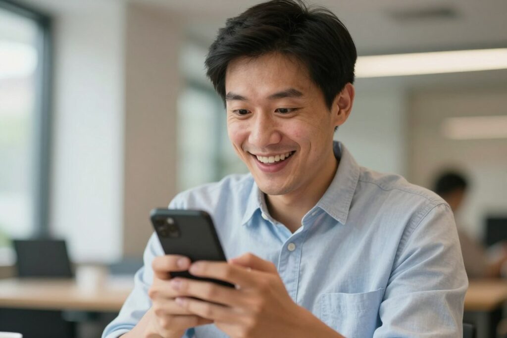 Mężczyzna z zaskoczonym uśmiechem patrzący na telefon, co napisać facetowi, żeby oszalał