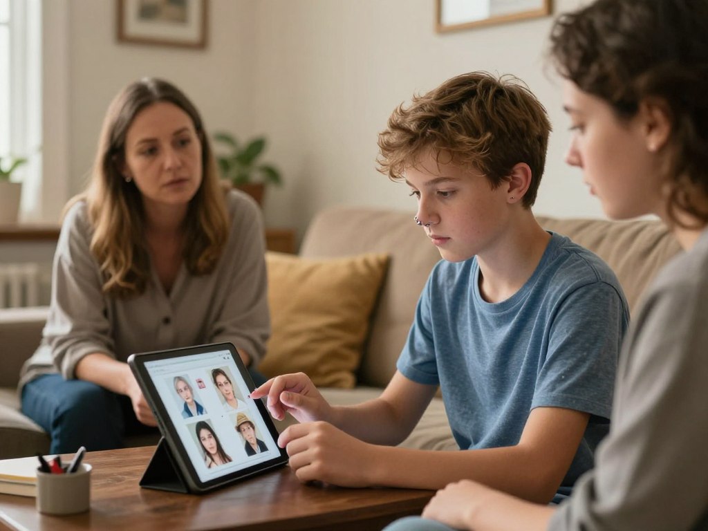 Nastolatek rozmawiający z rodzicami o decyzji dotyczącej piercingu nosa