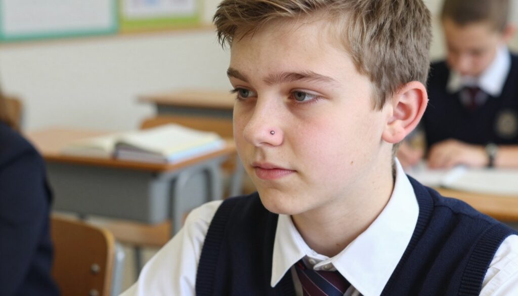 Nastolatek z dyskretnym kolczykiem w nosie w środowisku szkolnym