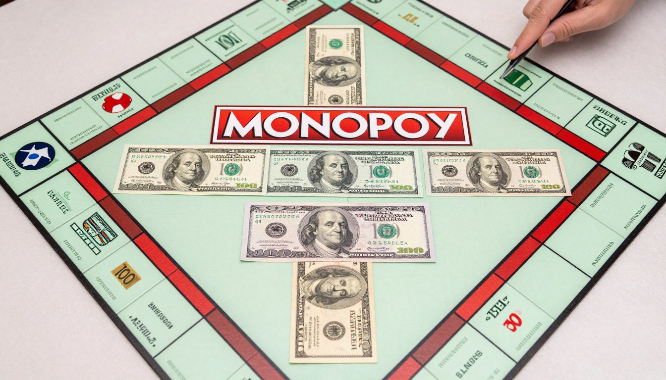 Oficjalne rozdanie pieniędzy w grze Monopoly - 1500 dolarów w różnych nominałach banknotów