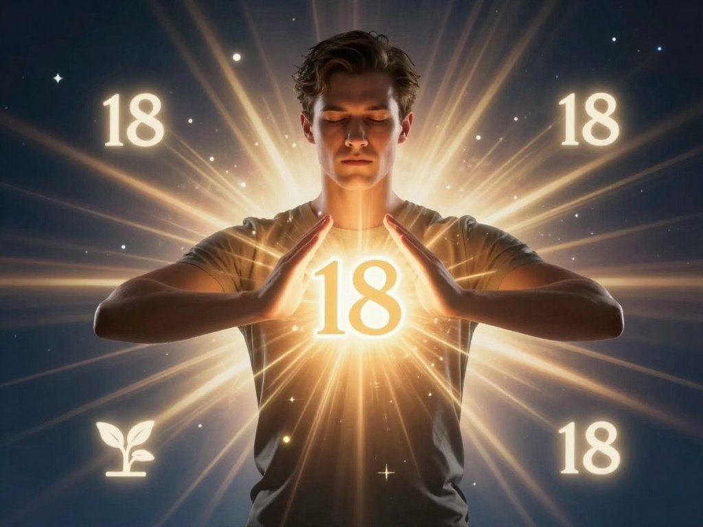Osoba emanująca wewnętrzną siłą z liczbą 18 świecącą w centrum jej klatki piersiowej, symbolizująca odkrywanie potencjału Osoba emanująca wewnętrzną siłą z liczbą 18 świecącą w centrum jej klatki piersiowej, symbolizująca odkrywanie potencjału