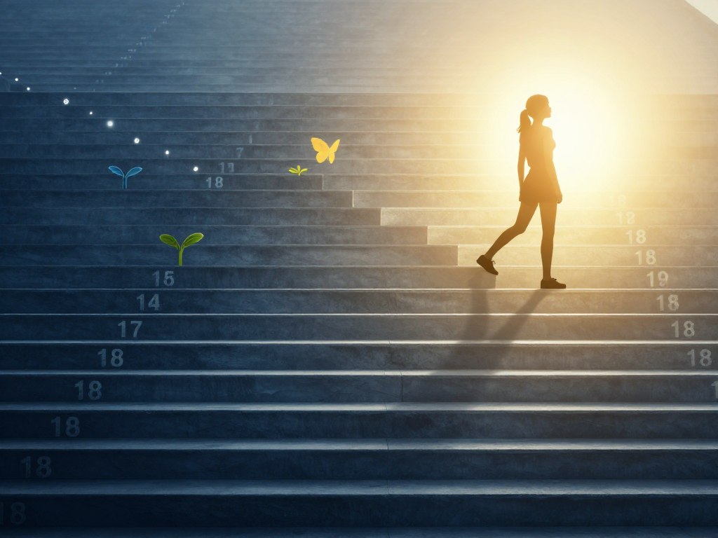 Osoba wspinająca się po schodach z liczbą 18 na każdym stopniu, symbolizująca rozwój osobisty i transformację Osoba wspinająca się po schodach z liczbą 18 na każdym stopniu, symbolizująca rozwój osobisty i transformację