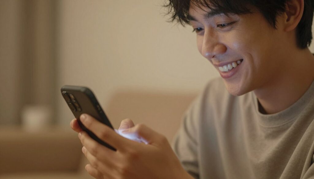 Osoba z uśmiechem patrząca na zdjęcie na telefonie, kiedy facet wysyła swoje zdjęcia