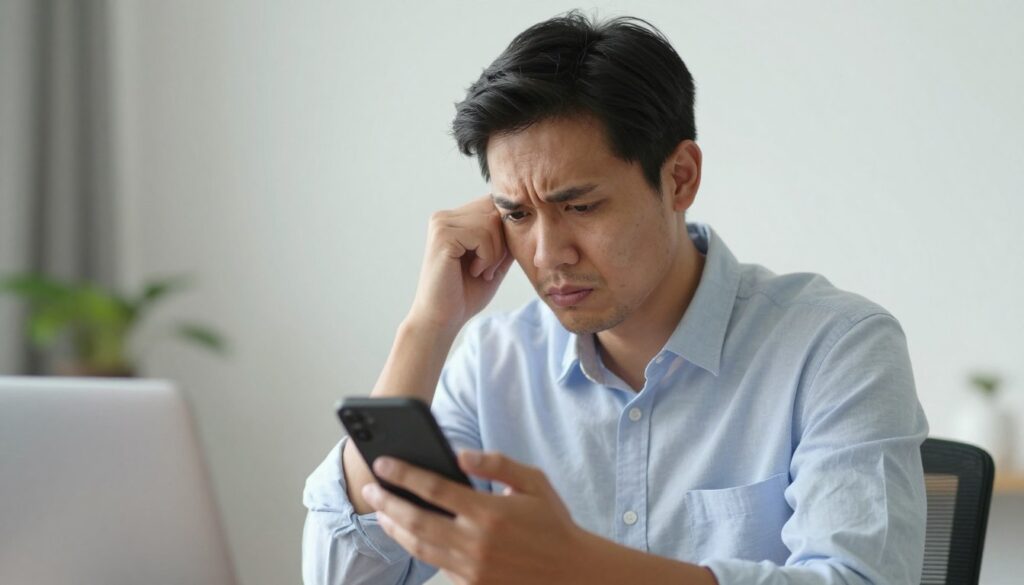 Osoba z zaniepokojonym wyrazem twarzy patrząca na telefon, kiedy facet wysyła swoje zdjęcia