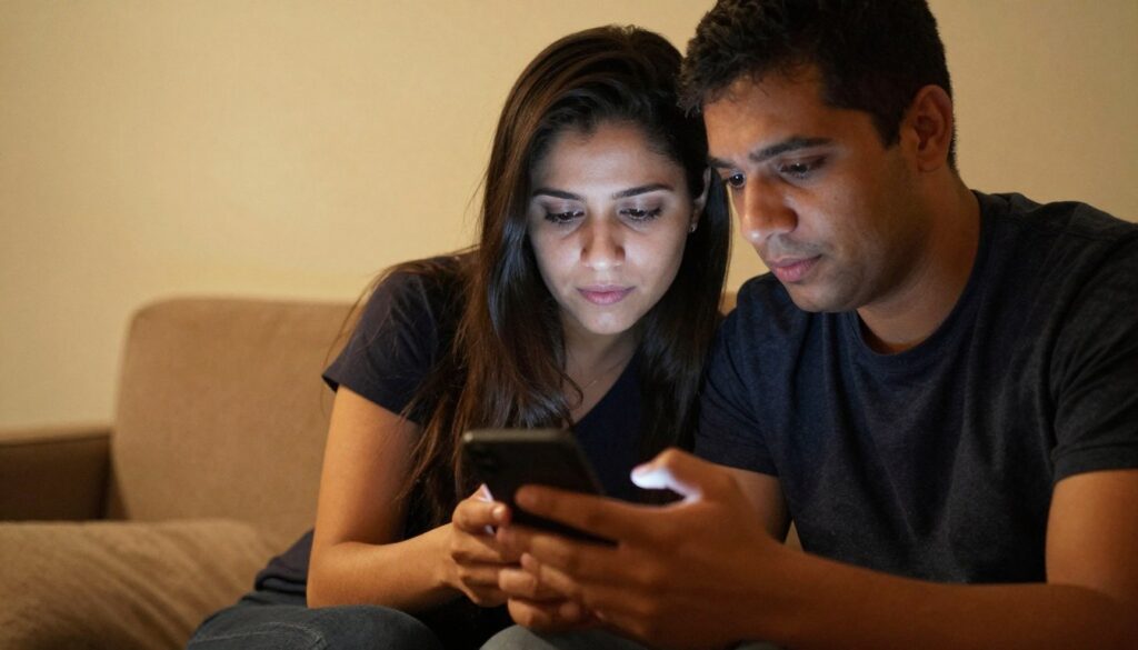 Para analizująca zdjęcia na telefonie, kiedy facet wysyła swoje zdjęcia