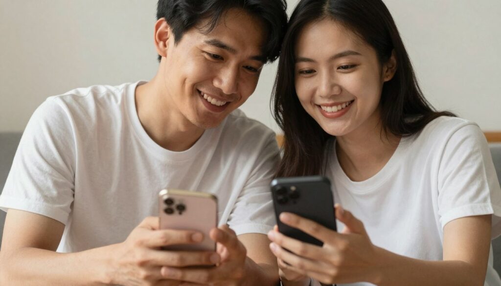 Para patrząca na zdjęcia na telefonach, uśmiechnięci, kiedy facet wysyła swoje zdjęcia