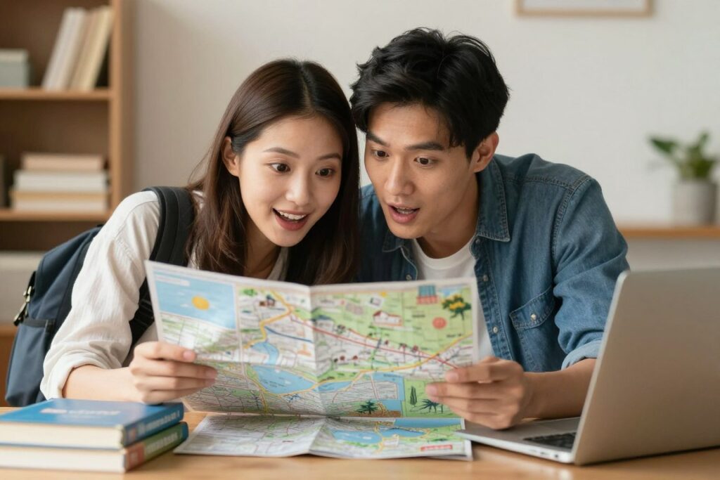 Para planująca wspólną podróż, przeglądająca mapę, co napisać facetowi, żeby oszalał