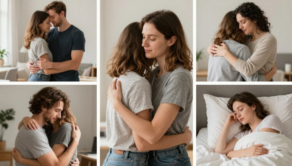 Para przytulająca się regularnie, pokazująca częstotliwość uścisków zakochanego faceta Para przytulająca się regularnie, pokazująca częstotliwość uścisków zakochanego faceta