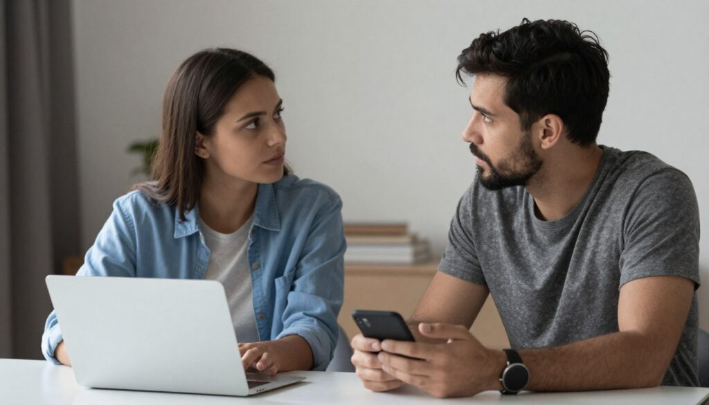 Para rozmawiająca o granicach w komunikacji cyfrowej, kiedy facet wysyła swoje zdjęcia