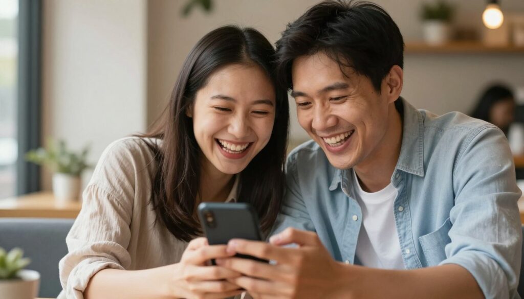 Para śmiejąca się razem podczas przeglądania telefonu, co napisać facetowi, żeby oszalał