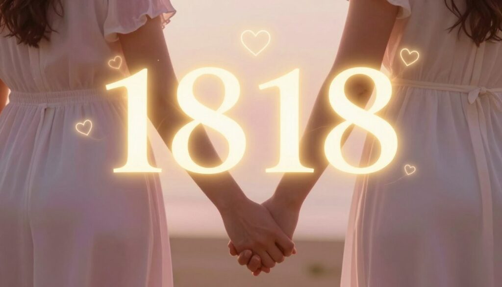 Para trzymająca się za ręce z cyframi 1818 świecącymi nad nimi, symbolizująca wpływ tej liczby na relacje Para trzymająca się za ręce z cyframi 1818 świecącymi nad nimi, symbolizująca wpływ tej liczby na relacje