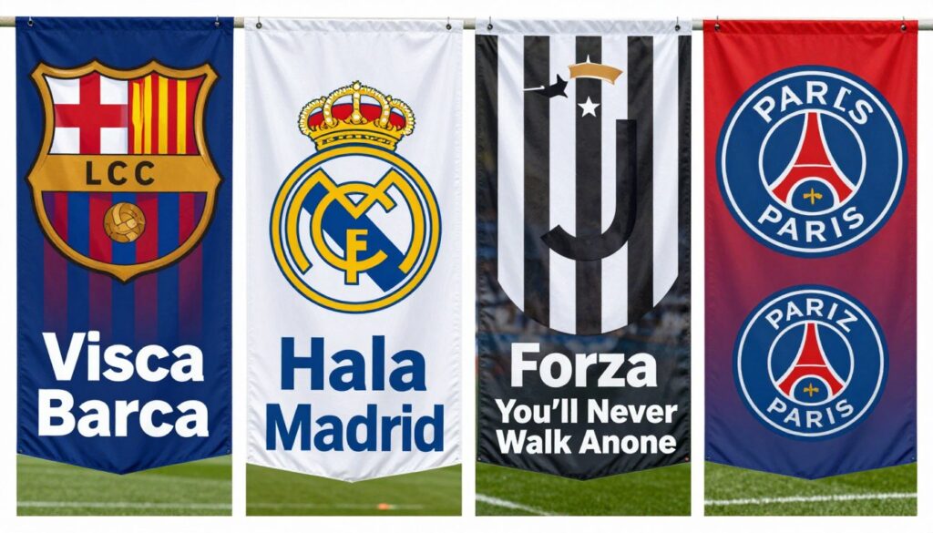 Porównanie banerów kibiców różnych klubów z ich charakterystycznymi hasłami, w tym 'Visca Barca'