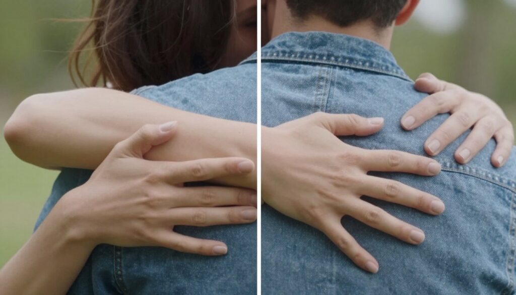 Porównanie romantycznego i przyjacielskiego przytulenia, pokazujące jak przytula zakochany facet Porównanie romantycznego i przyjacielskiego przytulenia, pokazujące jak przytula zakochany facet