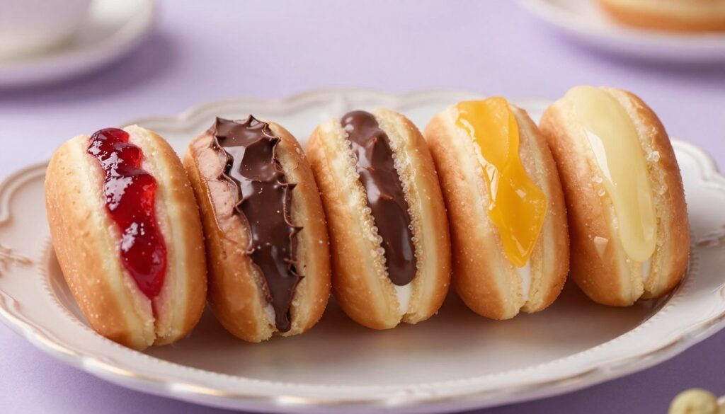 Przekrojone pączki ukazujące różne rodzaje nadzienia - sennik pączki z nadzieniem