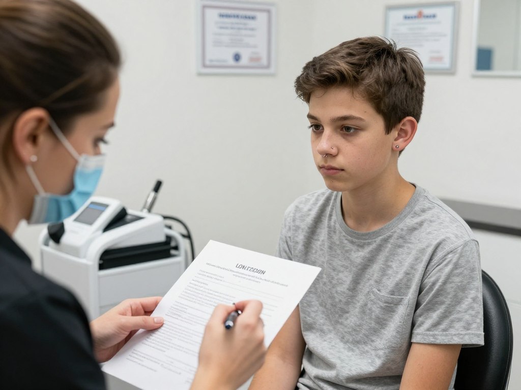 Rodzic podpisujący zgodę na piercing nosa dla nastolatka w salonie