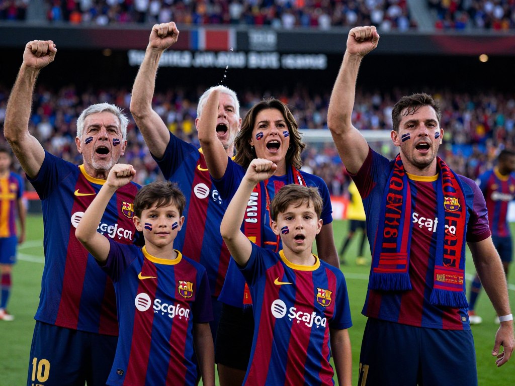 Rodzina kibiców FC Barcelona w koszulkach klubowych skandująca 'Visca Barca'