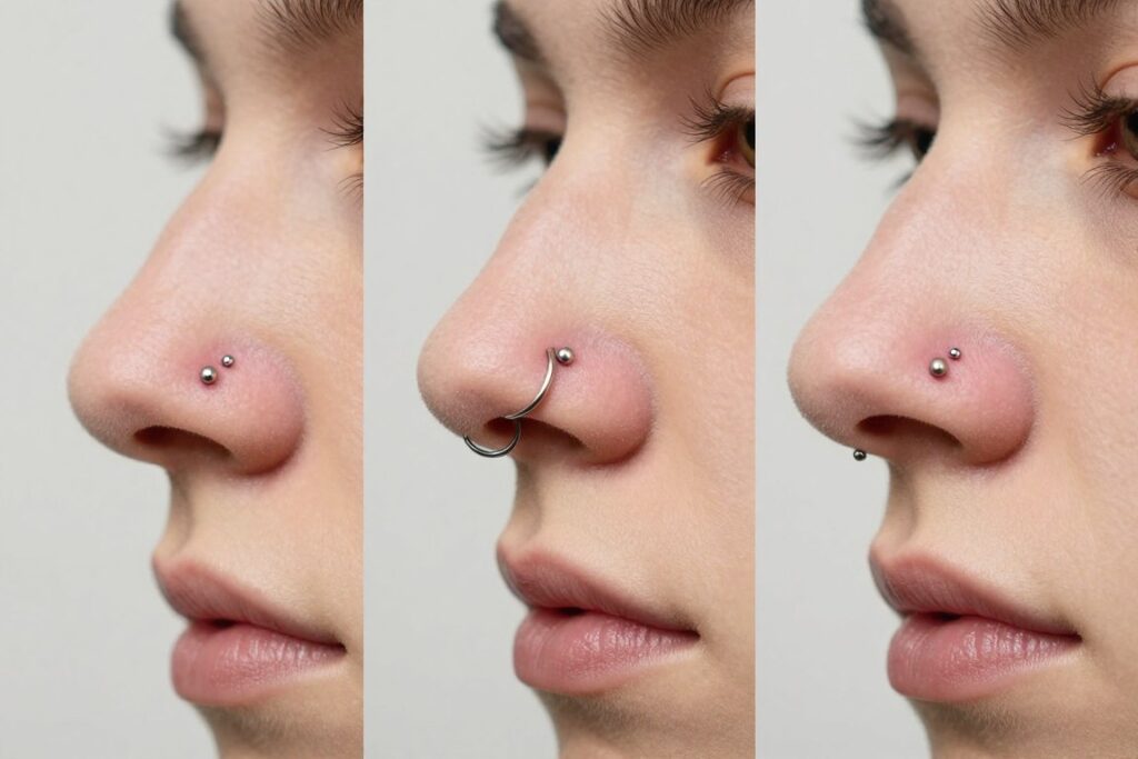 Różne rodzaje piercingu nosa - skrzydełko, septum i bridge