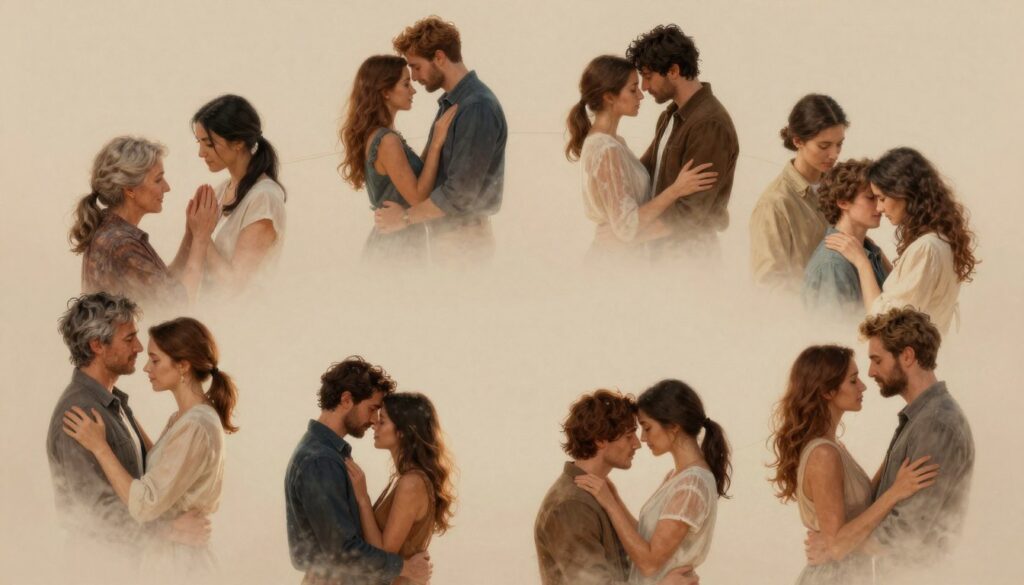 Symboliczne przedstawienie cyklu romansu od początku do dojrzałej miłości - etapy romansu