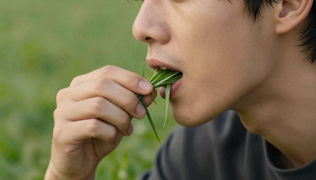 Symboliczne przedstawienie osoby jedzącej trawę jako metafora potrzeby zmiany zachowania