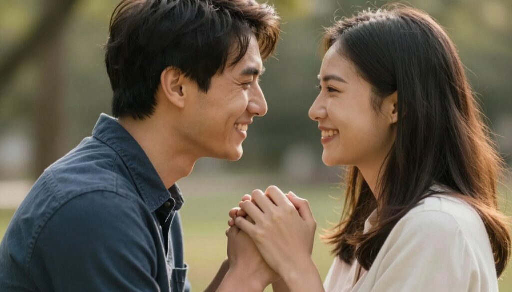 Szczęśliwa para trzymająca się za ręce i patrząca sobie w oczy, co napisać facetowi, żeby oszalał