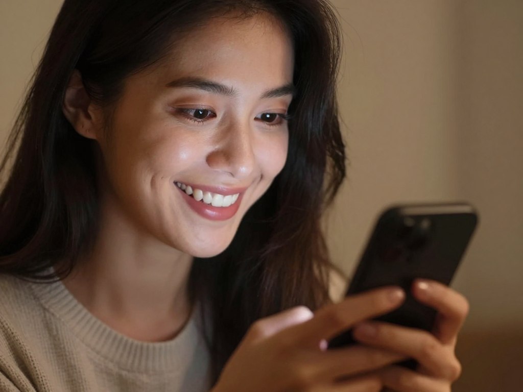 Uśmiechnięta kobieta patrząca na telefon, co napisać facetowi, żeby oszalał