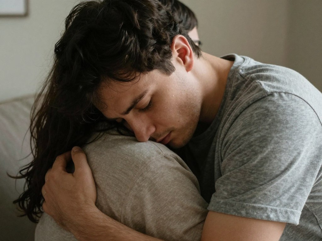 Zakochany mężczyzna przytulający z głową na ramieniu partnerki, pokazujący zaufanie i emocjonalną bliskość Zakochany mężczyzna przytulający z głową na ramieniu partnerki, pokazujący zaufanie i emocjonalną bliskość