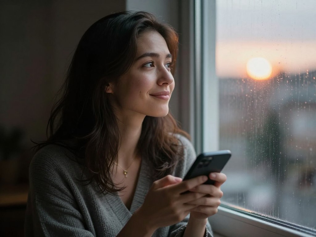 Zamyślona kobieta patrząca przez okno z telefonem w dłoni, co napisać facetowi, żeby oszalał