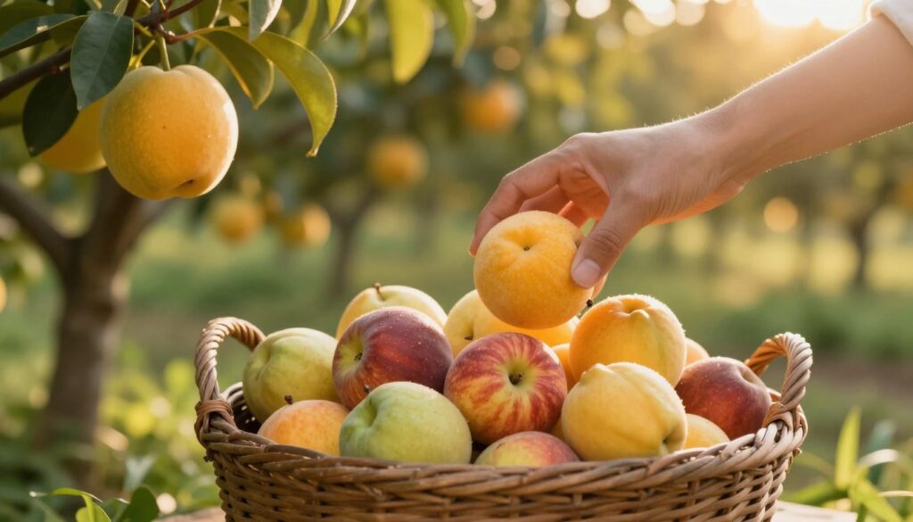 Zbieranie owoców w sadzie w sennikach - symbol zbierania plonów życiowych